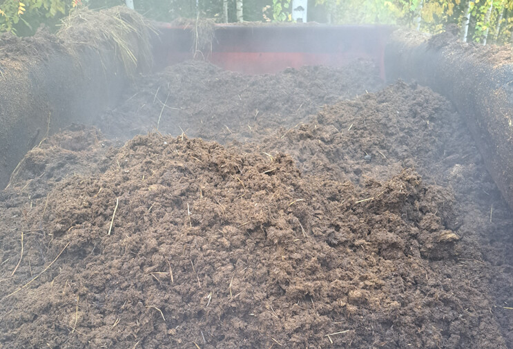 Lähikuva suuresta kasasta tuoretta, höyryävää lantaa, joka on levitetty perävaunun sängylle, ja taustalla näkyy vihreitä lehtiä.