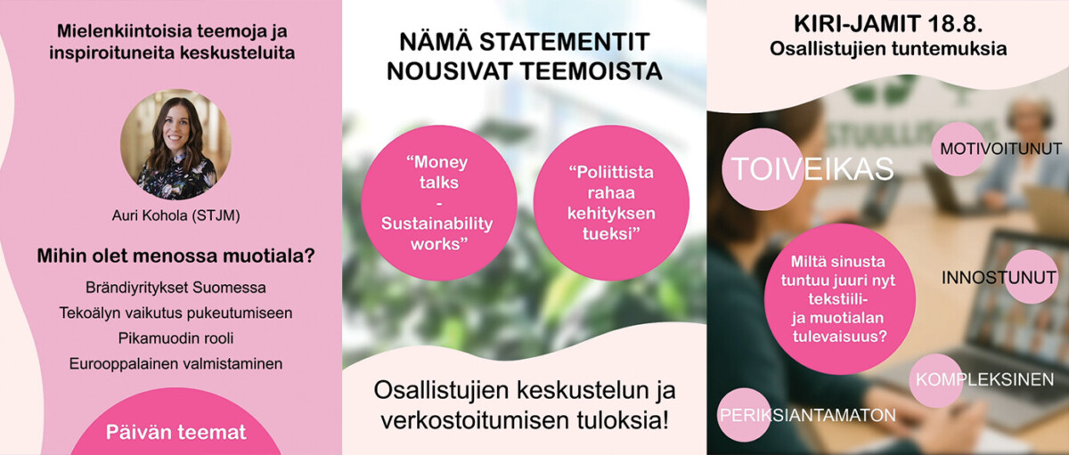 Kolmiosainen suomenkielinen infograafi muotipuheista ja -teemoista, jossa on naisen kuva, sitaatteja puhekuplissa ja avainsanoja kuten Toiveikas, Motivoitunut ja Kompleksinen pastellinvärisillä taustoilla, joissa on vaaleanpunaisia, valkoisia ja vihreitä korostuksia.