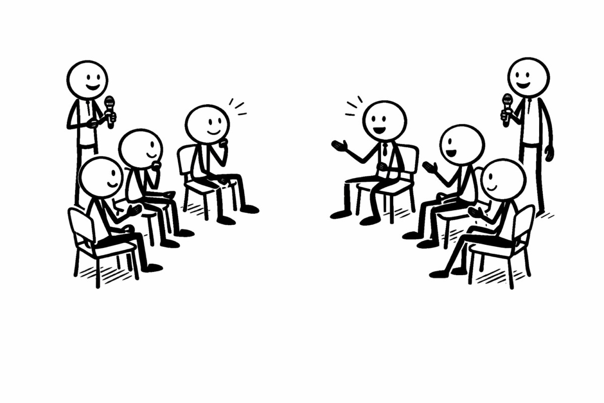 Kaksi tikkuhahmoryhmää istuu tuoleilla vastakkain. Kummassakin ryhmässä on neljä henkilöä, joista yksi seisoo ja pitää mikrofonia. Jotkut puhuvat ja toiset kuuntelevat tarkkaavaisesti.