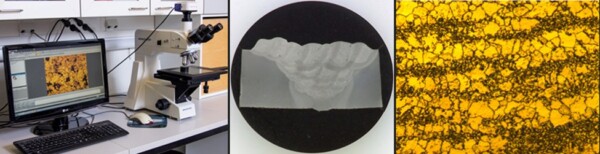 Yhdistelmäkuvassa näkyy tietokoneen ja mikroskoopin asetukset, lähikuva metallisesta näytteestä, jossa on syvennys, ja suurennettu näkymä kullan ja mustan kuvioidusta mikrorakenteesta.