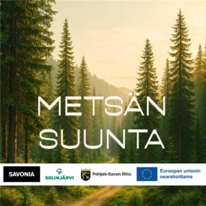 Metsämaisema, jossa on korkeita ikivihreitä puita sumuisen taivaan alla. Keskellä teksti METSÄN SUUNTA. Alareunassa ovat Savonia-, Siilinjärvi-, Pohjois-Savon liiton ja Euroopan unionin logot.