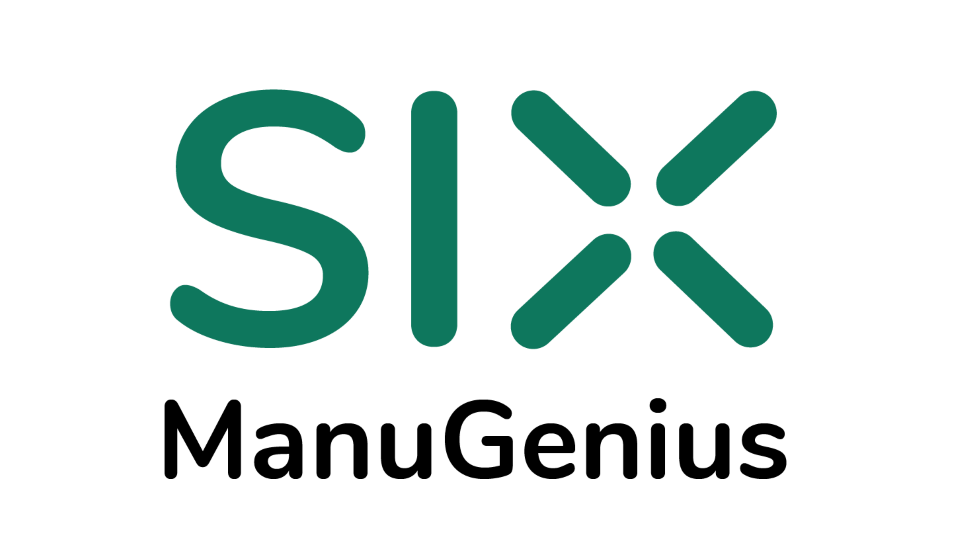 Logo, jossa on teksti SIX ManuGenius vaalealla pohjalla. Sana SIX on lihavoitu vihreillä kirjaimilla, ja sen alapuolella on musta teksti ManuGenius.
