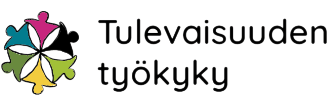 Logo, jossa on kuusi värikästä palapelin palaa, jotka muodostavat ympyrän vasemmalla. Oikealla puolella on suomenkielinen teksti Tulevaisuuden työkyky puhtaalla, pyöristetyllä fontilla.