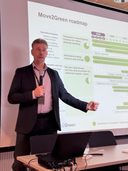 Pukumies pitää esitelmää ja seisoo Move2Green-tiekartta-nimisen dian edessä, jossa on kaavioita ja tekstiä kestävästä kehityksestä ja sähköistämisestä. Hän elehtii yhdellä kädellä puhuessaan yleisölle.