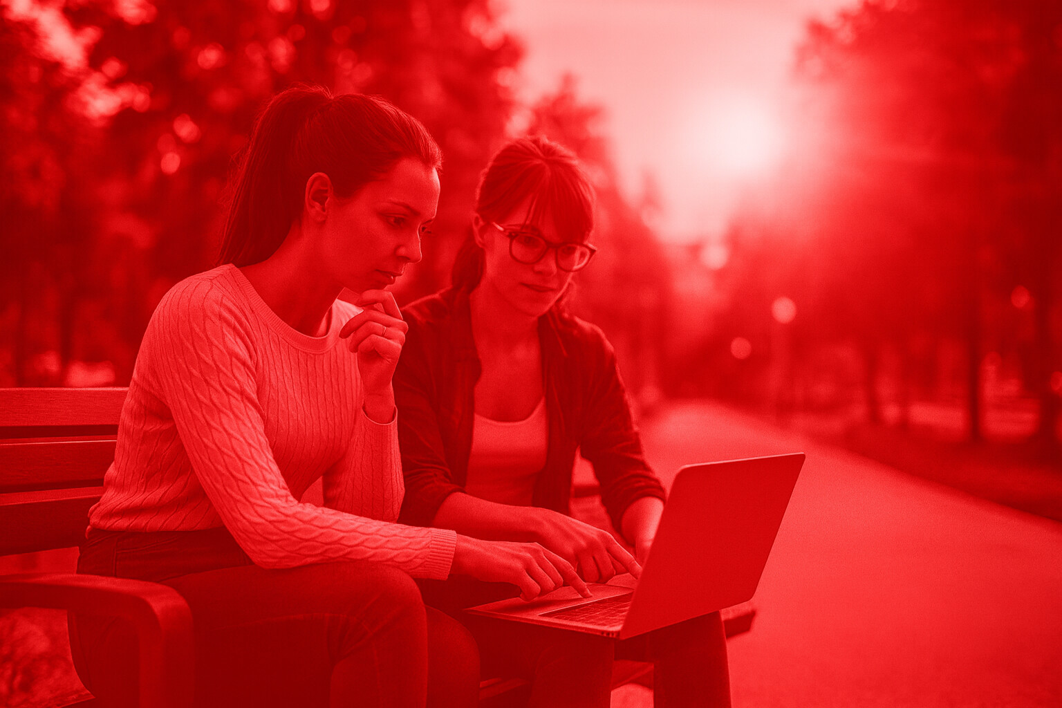 Kaksi naista istuu ulkona penkillä ja katselee yhdessä kannettavaa tietokonetta keskittynein ilmein; kuvassa on punainen päällekkäisyys ja taustalla näkyy aurinko.