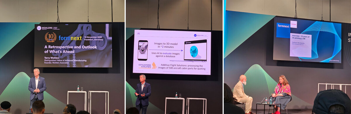 Kolme vierekkäistä kuvaa, joissa puhujat esittelevät teknologiakonferenssissa. Vasemmalla on mies puhujakorokkeella, keskellä on 3D-mallinnusta käsittelevä dia, ja oikealla kaksi ihmistä keskustelemassa istumassa.