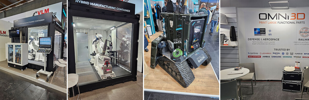 Neljässä kuvassa näkyy edistyksellistä valmistustekniikkaa näyttelyssä: robottikone, hybridivalmistuskontti, kestävä telaketjurobotti ja OMNI3D:n koju, jossa esitellään 3D-tulostettuja osia ja puolustusteollisuuden yhteistyökumppaneita.