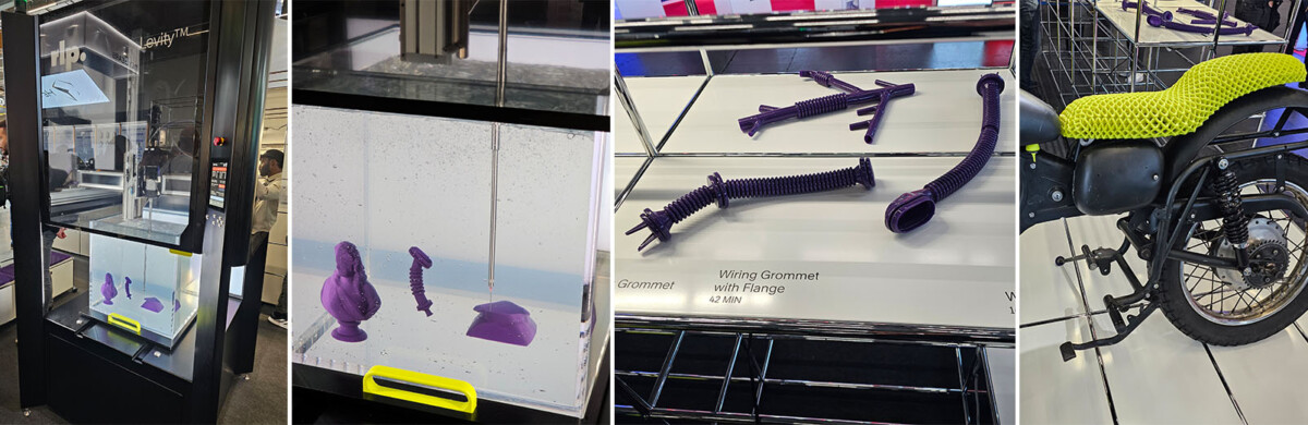 Kollaasi 3D-tulostuksesta: tulostin työssä, violetteja 3D-tulostettuja esineitä työn alla, valmiita violetteja osia esillä ja polkupyörä, jossa on keltainen 3D-tulostettu istuintyyny.