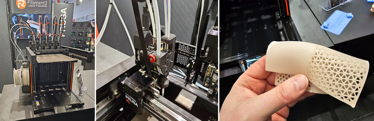 Kollaasissa näkyy käytössä oleva monimateriaalinen 3D-tulostin, lähikuva tulostimen puristimesta ja käsi, joka pitää kädessään joustavaa, ristikkorakenteista 3D-tulostettua esinettä, joka muistuttaa lääketieteellistä hammastukea.