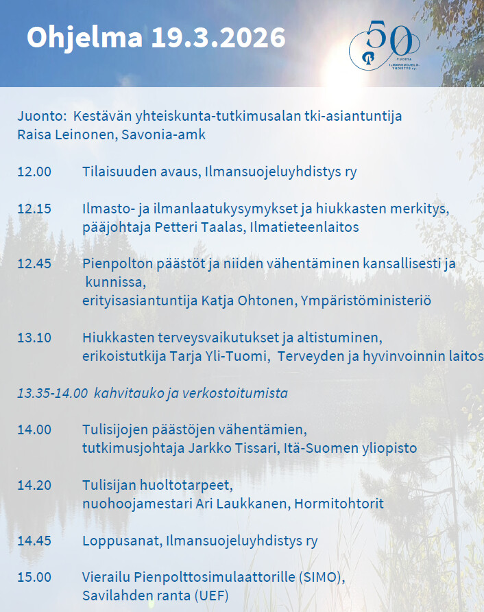 Suomenkielinen ohjelma-aikataulu 19. maaliskuuta 2026, jossa luetellaan ilmansuojeluun liittyviä tapahtumia ja puhujia, kuten luentoja, verkostoitumista ja keskusteluja, kellonajat ja puhujien nimet sinisellä pohjalla, jonka kulmassa on logo.
