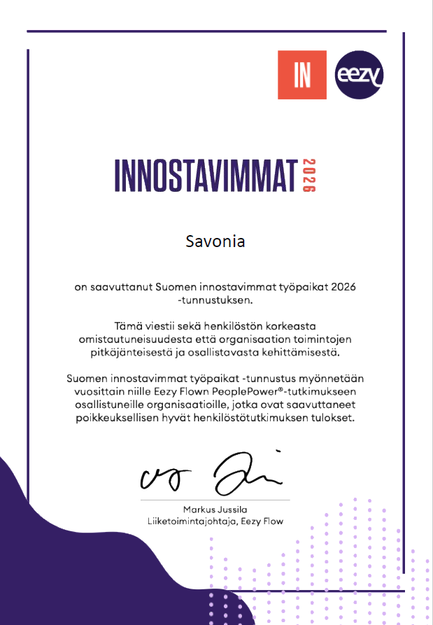 Eazy Flow'n myöntämä, violetein aksentein koristeltu todistus, jonka Savonia sai Innostavimmat 2026 -tunnustuksen saamisesta. Sertifikaatissa korostetaan organisaation saavutuksia ja se on Markus Jussilan allekirjoittama.