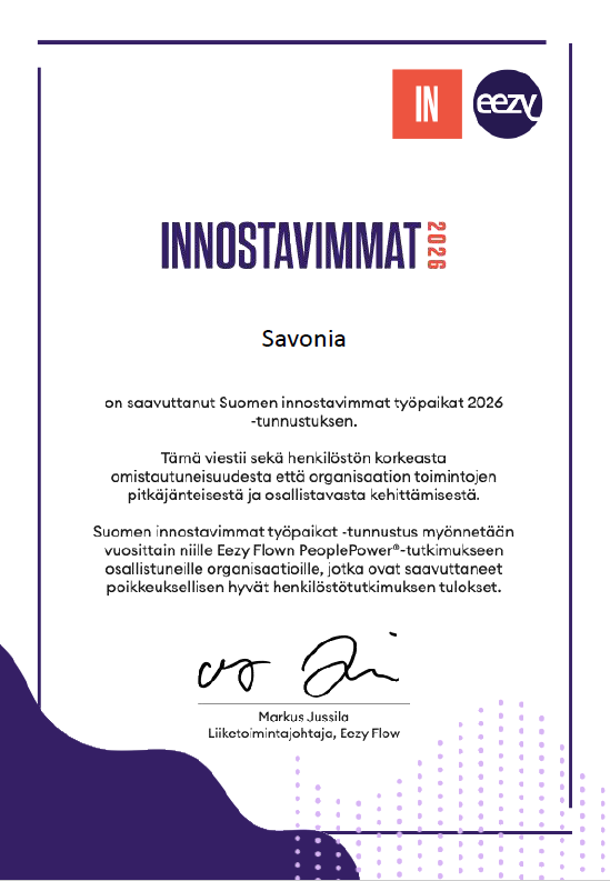 Savonialle myönnetty todistus Suomen innostavimmat työpaikat 2026 -tunnustuksen saamisesta, jonka alaosassa on IN:n ja Eezy Flow'n logot sekä Markus Jussilan allekirjoitus.