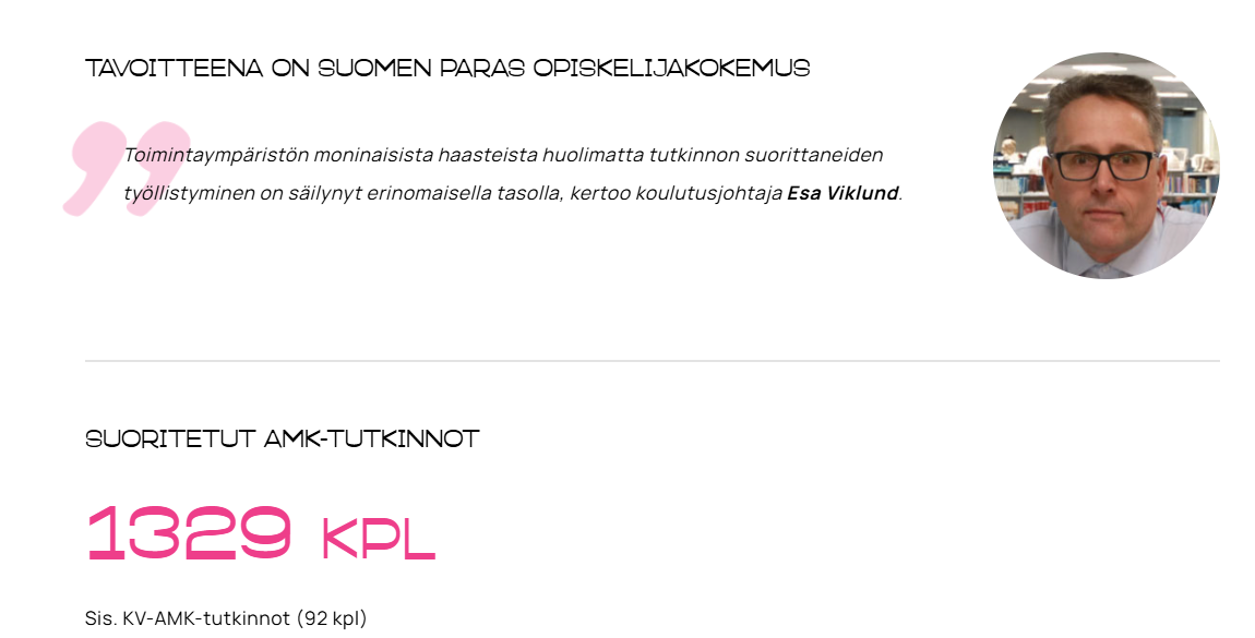 Lainaus koulutusjohtaja Esa Viklundin muotokuvan ohella näkyy tilastojen yläpuolella, joissa on 1329 suoritettua AMK-tutkintoa, joista 92 kansainvälistä AMK-tutkintoa. Teksti on suomeksi ja siinä on vaaleanpunaisia ja mustia muotoiluelementtejä.