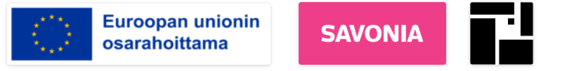 Kolme logoa: EU:n lippu ja suomenkielinen teksti Euroopan unionin osarahoittama, vaaleanpunainen suorakulmio, jossa on valkoisella SAVONIA, sekä mustavalkoinen abstrakti geometrinen kuvio.