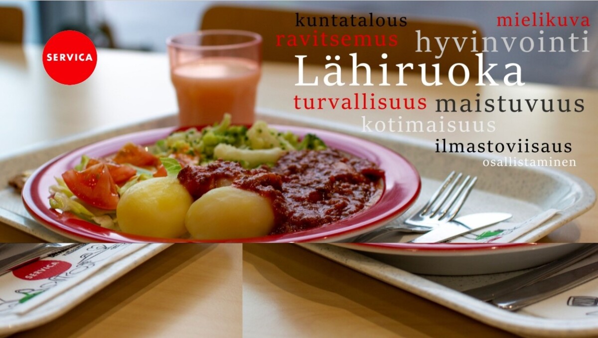 Kahvilan tarjotin, jossa on lautasellinen perunoita, lihaa kastikkeella, salaattia ja lasillinen mehua. Päällekkäin suomenkielisiä sanoja lähiruoasta, terveydestä ja kestävyydestä. SERVICA-logo näkyy tarjottimissa ja punaisessa ympyrässä.