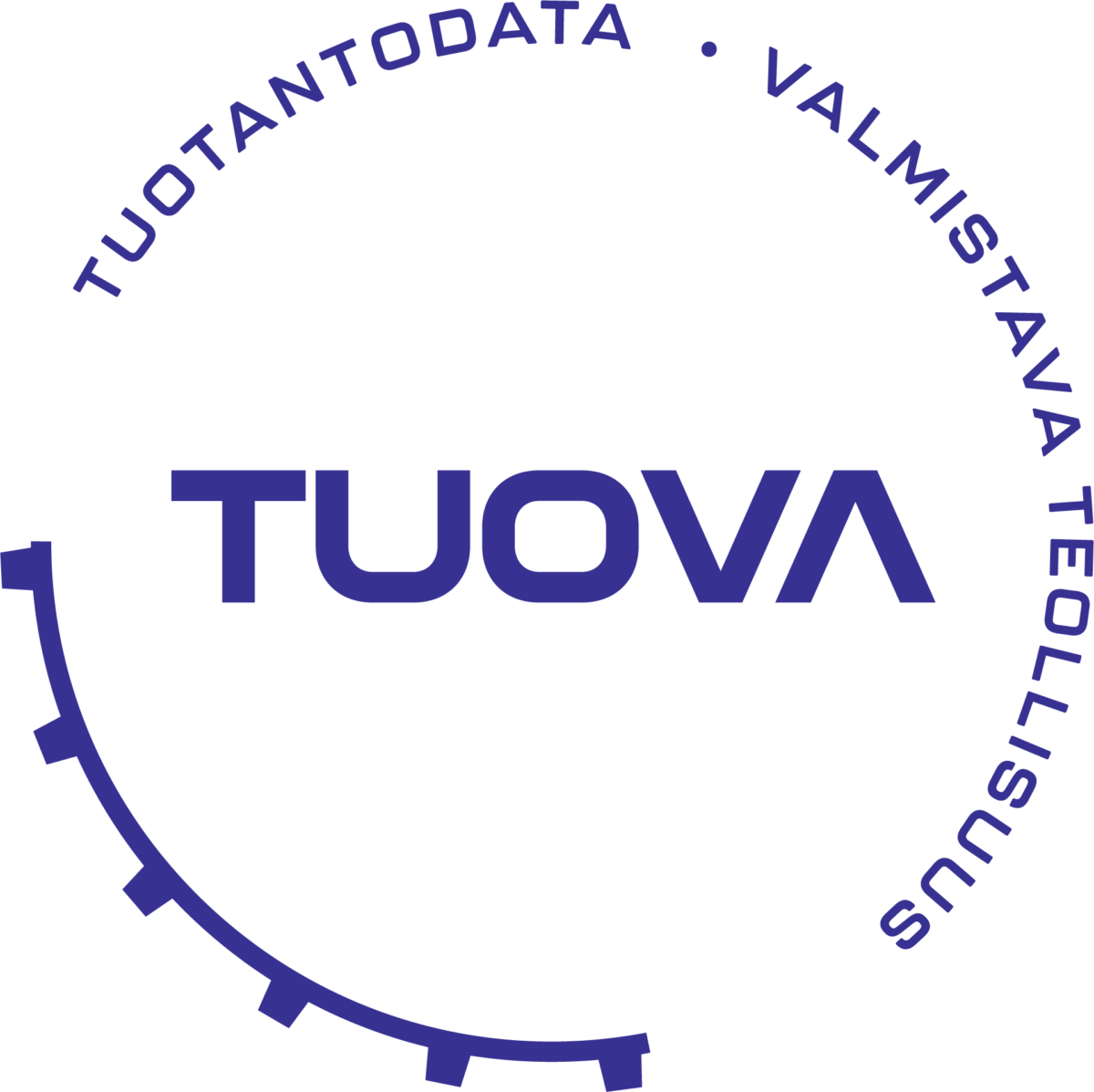 Ympyrän muotoinen logo, jonka keskellä on sana TUOVA lihavin sinisin kirjaimin. Yläreunan ympärillä suomenkieliset sanat TUOTANTODATA - VALMISTAVA TEOLLISUUS, jonka vasemmassa alareunassa on osittain hammaspyörän muoto.