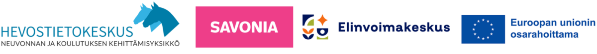 Viiden logon rivi: sininen hevosen pää suomenkielisellä tekstillä, vaaleanpunainen neliö, jossa on SAVONIA, värikäs abstrakti symboli, jossa on Elinvoimakeskus, ja Euroopan unionin lippu suomenkielisellä tekstillä.