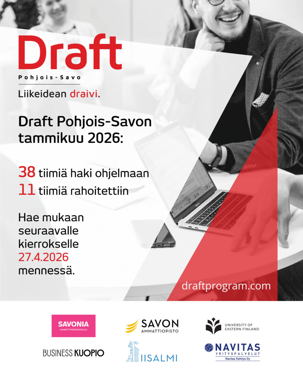 Pohjois-Savon luonnoksen mainosjuliste, jossa mainostetaan vuoden 2026 ohjelmaa. Tekstissä korostetaan joukkueiden haku- ja rahoitustilastoja, seuraavien kierrosten ajankohtaa, ja siinä on useita instituutioiden logoja sekä kannettavien tietokoneiden kanssa työskenteleviä ihmisiä.