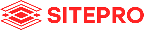 Kuvassa on SITEPRO-logo, jossa on rohkea punainen teksti SITEPRO geometrisen punaisen timanttikuvion vieressä. Tausta on vaaleanharmaa.