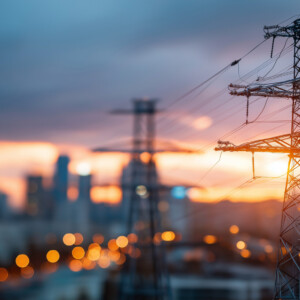 Lähikuva sähkönsiirtomastoista ja sähkölinjoista auringonlaskun aikaan, taustalla hämärtyvät kaupungin rakennukset ja katuvalot.