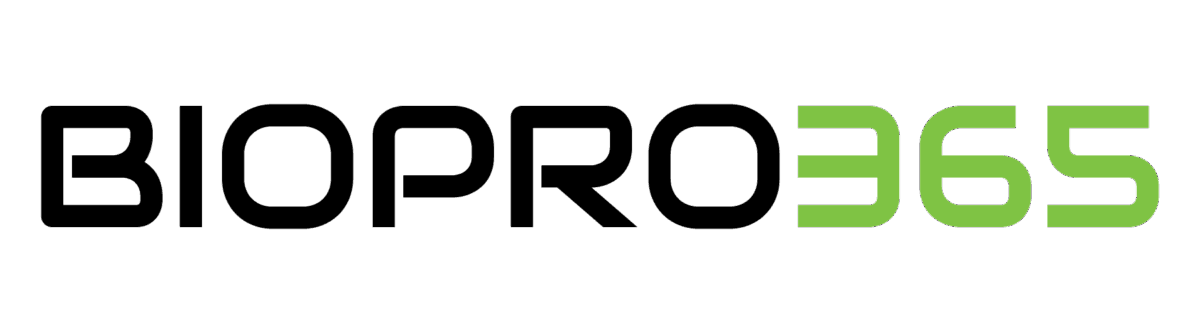 Kuvassa on teksti BIOPRO365 modernilla, lihavoidulla fontilla. BIOPRO on musta ja 365 on vaaleanvihreä, kaikki vaaleanharmaalla pohjalla.