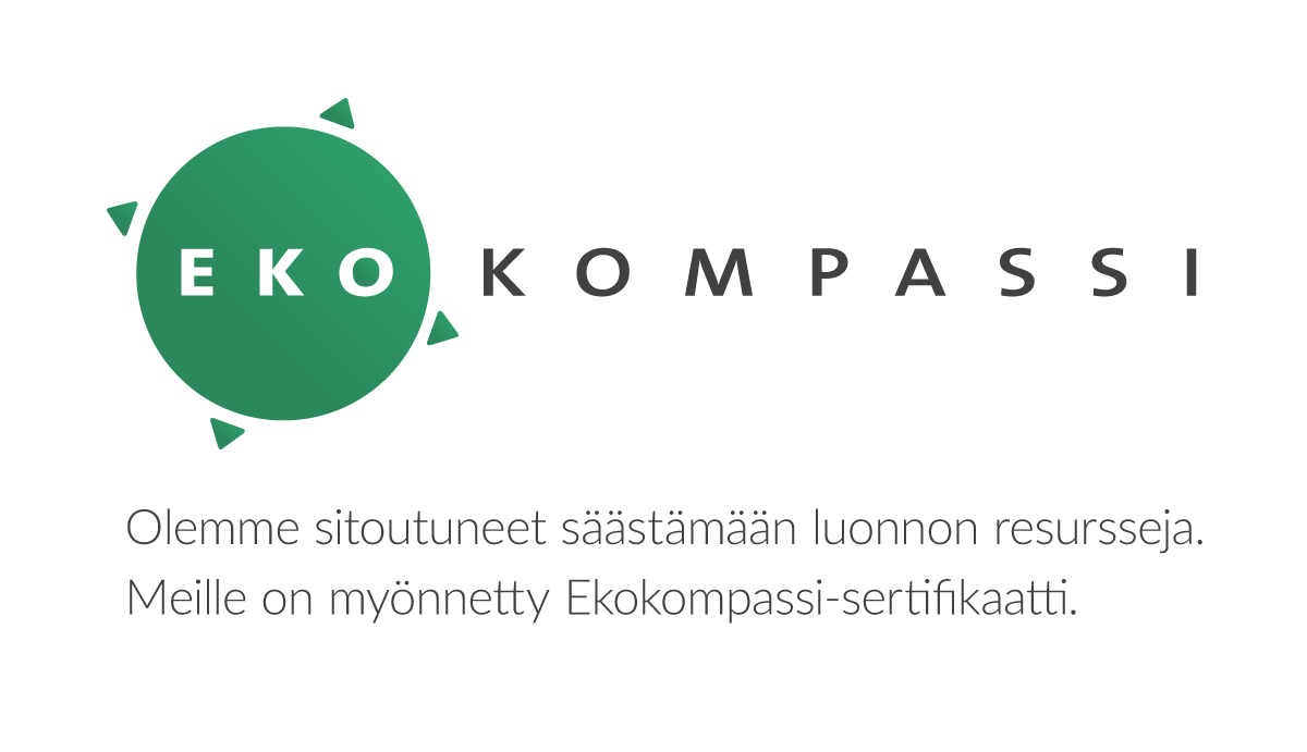 Vihreä ympyränmuotoinen Eko Kompassi -logo, jonka alapuolella on suomenkielinen teksti, joka kertoo sitoutumisesta luonnonvarojen säästämiseen ja Ekokompassi-sertifikaatin saamisesta.