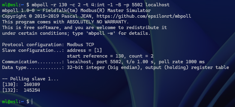 Pääteikkuna näyttää mbpoll-komennon tulokset, joissa näkyy kaksi Modbus TCP -orja 1:n rekistereistä 130 ja 132 luettua arvoa: 268039 ja 145254. Kehote odottaa seuraavaa komentoa.