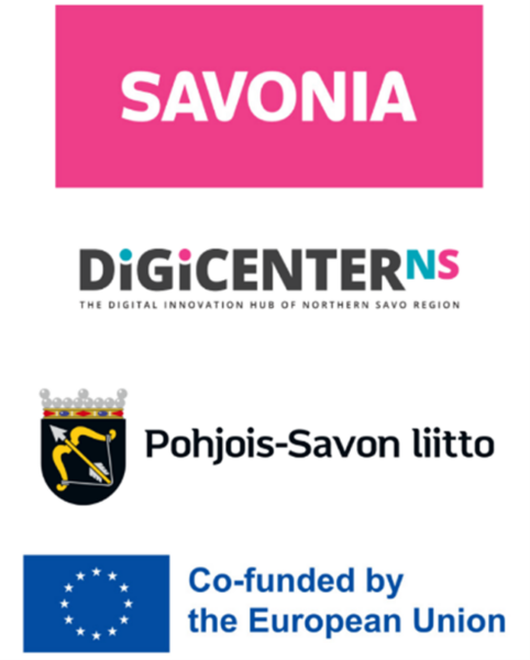 Neljä logoa: Savonia valkoisella vaaleanpunaisella, DigiCenterNS, jonka alla on teksti, Pohjois-Savon liitto, jossa on vaakuna, ja EU-lippu, jossa on teksti Co-funded by the European Union.