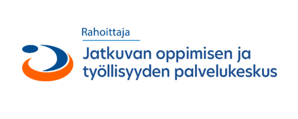 Logo, jossa on sininen ja oranssi abstrakti kuvio sinisen suomenkielisen tekstin vieressä, jossa lukee Rahoittaja Jatkuvan oppimisen ja työllisyyden palvelukeskus vaalealla pohjalla.