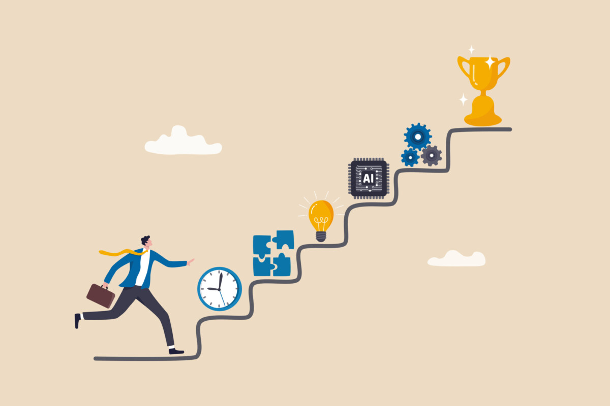 Kuvituskuva liikemiehestä, joka juoksee ylös portaita, joissa on aikaa, tiimityötä, ideoita, tekoälyteknologiaa ja vaihteita kuvaavia kuvakkeita, jotka johtavat huipulla olevaan kultaiseen pokaaliin, joka symboloi saavutuksia ja menestystä.