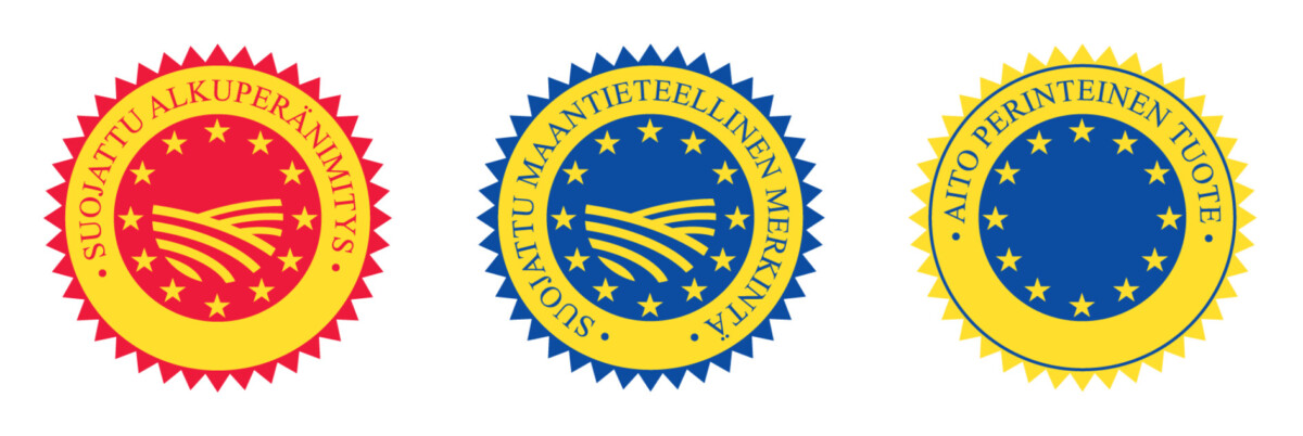 Kolme ympyränmuotoista EU:n elintarvikkeiden laatumerkkiä, joissa on tähtiä ja kaarevia viivoja: punainen ja keltainen merkintä (Suojattu Alkuperänimitys), sininen ja keltainen merkintä (Suojattu Maantieteellinen Merkintä) sekä keltainen ja sininen merkintä (Aito Perinteinen Tuote).
