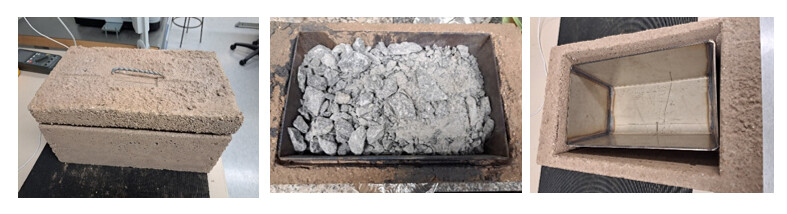 Kolmessa kuvassa näkyy suorakulmainen laatikko: ensimmäisessä on suljettu kansi, toisessa kansi on irrotettu, ja sisältä paljastuu tuhkaa, ja kolmannessa näkyy tyhjä sisäinen metallikammio ylhäältä alaspäin.