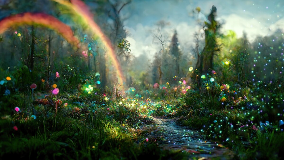 Maaginen metsäkuva, jossa on elinvoimaisia, hehkuvia kasveja ja kukkia, tuikkivia valoja, pieni puro ja kaksi sateenkaarta, jotka kaartuvat taivaan poikki pehmeässä, mystisessä valossa.