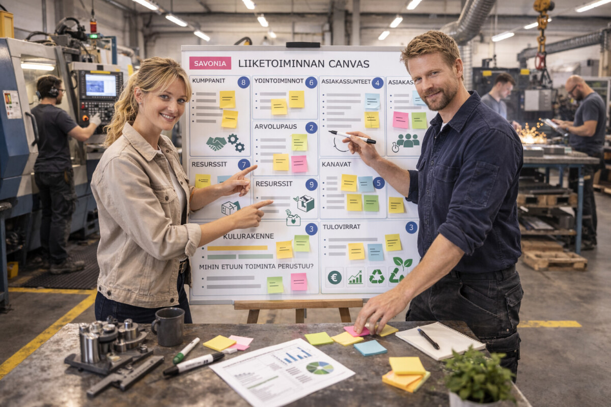 Kaksi työvaatteisiin pukeutunutta ihmistä hymyilee ja osoittaa värikkäillä tarralapuilla päällystettyä suurta liiketoimintamallia kiireisessä teollisuusverstaassa, jonka taustalla näkyy työkaluja ja koneita.