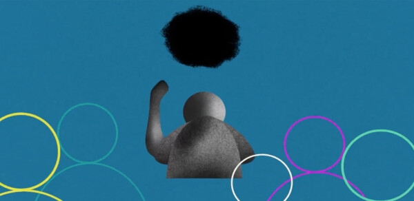 Harmaa, abstrakti ihmishahmo nostaa kätensä kohti päänsä yläpuolella olevaa mustaa pilveä, jota ympäröivät värikkäät päällekkäiset ympyrät sinisellä pohjalla.