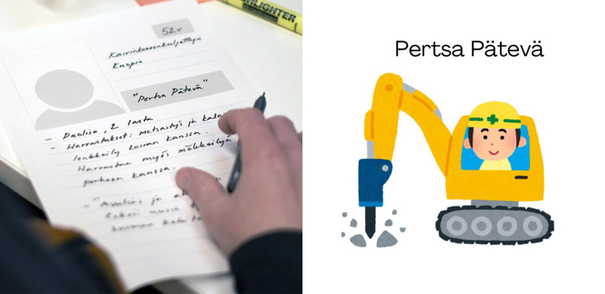 Henkilö täyttää lomakkeen, jonka vasemmalla puolella on nimi Pertsä Pätevää. Oikealla on kuva hymyilevästä rakennusmiehestä, joka käyttää keltaista kaivinkonetta, jonka nimi on Pertsä Pätevää.