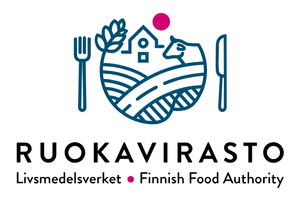 Elintarvikeviraston logo, jossa on tyylitelty maatilakuva, jossa on talo, peltoja, lehmä, vasemmalla haarukka ja oikealla veitsi. Alla teksti RUOKAVIRASTO ja Livsmedelsverket - Suomen elintarvikevirasto.