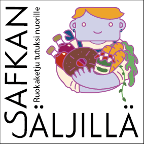 Kuvitettu henkilö hymyilee ja pitelee kädessään erilaisia ruokia, kuten munkkia, leipää, pulloa ja vihanneksia. Tekstissä lukee suomeksi SAFKAN JÄLJILLÄ ja Ruokaketju tutuksi nuorille.