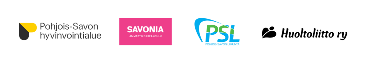 Neljä logoa peräkkäin: Pohjois-Savon hyvinvointialue keltaisella ja mustalla kilvellä, Savonia valkoisella tekstillä vaaleanpunaisella, PSL vihreällä ja sinisellä tekstillä sekä Huoltoliitto ry mustilla tyylitellyillä ihmishahmoilla.