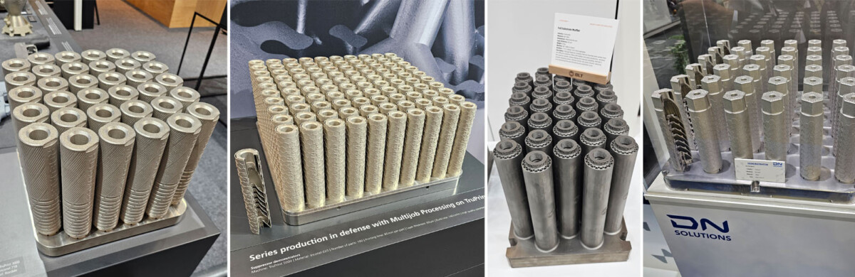 Neljä kuvaa 3D-tulostetuista äänenvaimentimista.