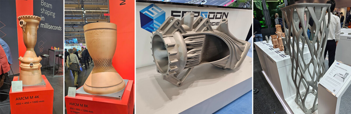 Neljä kuvaa suurista 3D-tulostetuista kappaleista.