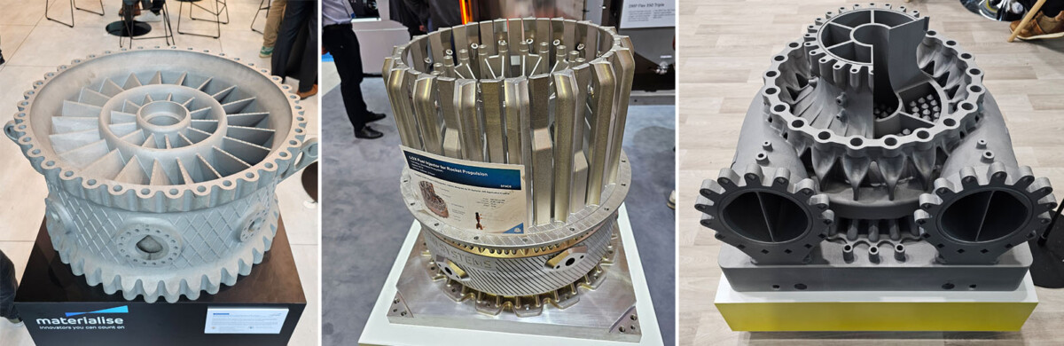 Kolme kuvaa suurista 3D-tulostetuista metalliosista.