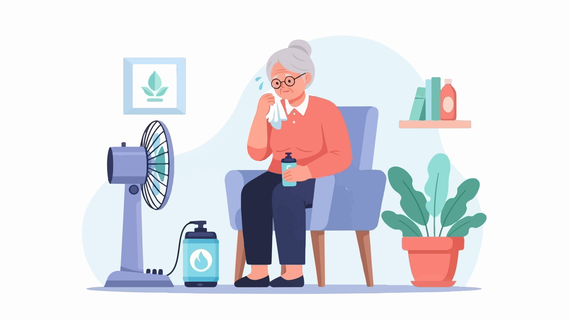 Iäkäs nainen istuu tuolilla ja pyyhkii kasvojaan nenäliinalla. Hänen edessään on tuuletin ja ilmankostutin, ja hänellä on kädessään vesipullo. Taustalla on huonekasveja ja hyllyjä, joissa on kirjoja.