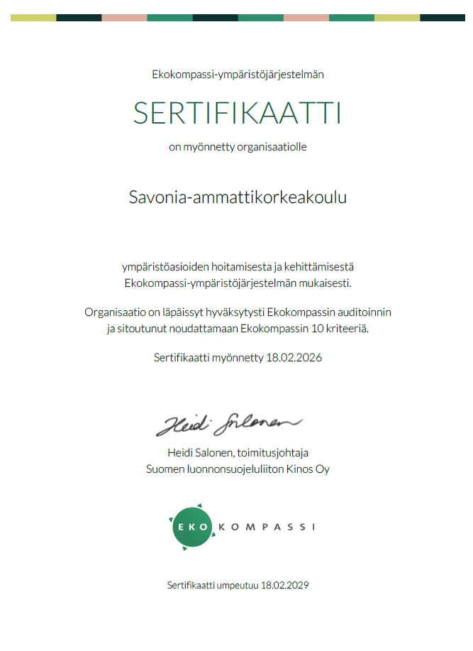 Ekokompassin Savonia-ammattikorkeakoululle myöntämä Sertifikaatti-todistus ympäristöjohtamisesta, allekirjoittanut Heidi Salonen, alareunassa Ekokompassi-logo. Teksti on suomeksi.