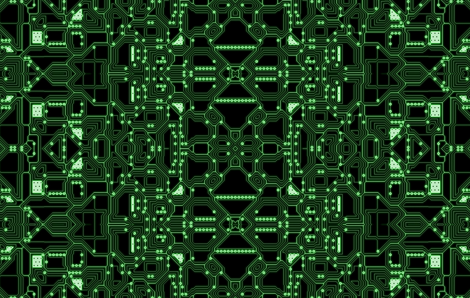 Monimutkainen, symmetrinen vihreä piirilevykuvio mustalla pohjalla, jossa on toistuvia viivoja, muotoja ja elektronisia jälkiä, jotka muistuttavat teknologiaa tai tietokonelaitteistoa.