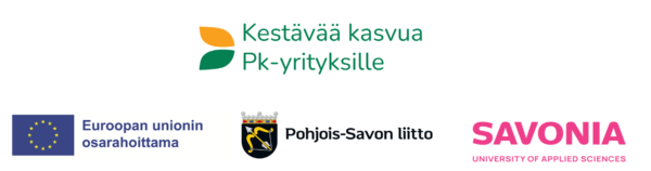 Logot Kestävää kasvua Pk-yrityksille yhteistyökumppaneiden logojen kanssa: Euroopan unioni, Pohjois-Savon liitto ja Savonia-ammattikorkeakoulu.