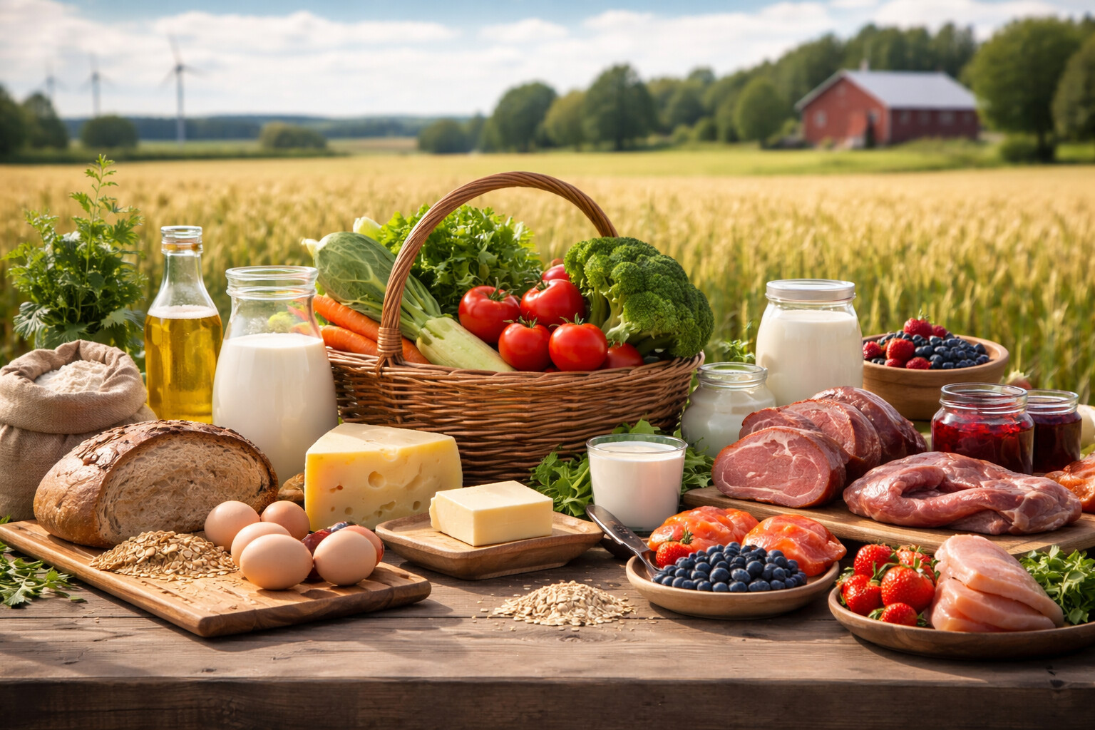 Maalaismainen pöytä ulkona, jossa on tuoreita kananmunia, leipää, juustoa, voita, maitoa, lihaa, kalaa, marjoja, vihanneksia, jyviä ja säilöntäpurkkeja. Taustalla on vehnäpelto, tuulivoimaloita ja punainen lato.