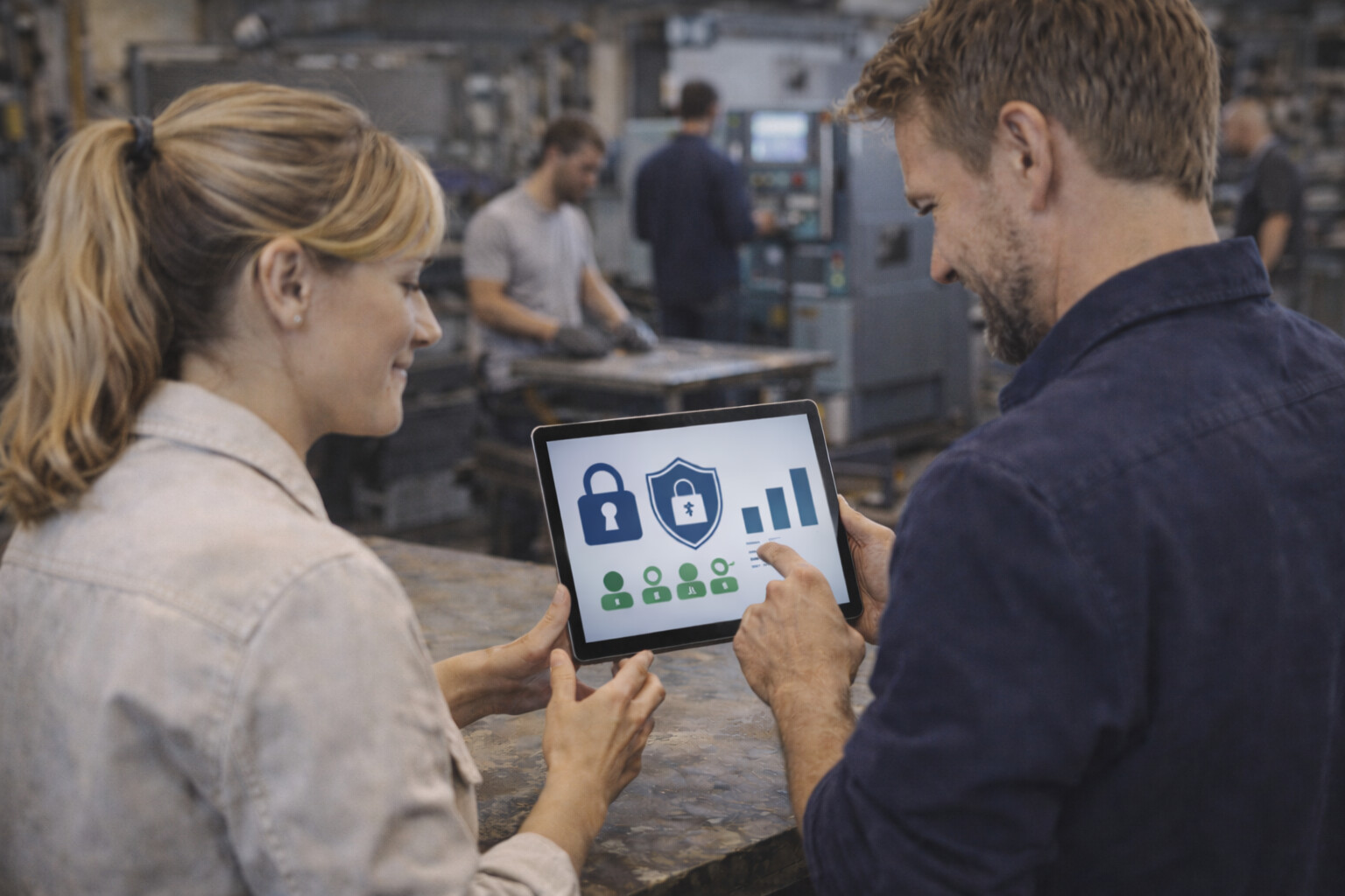 Kaksi ihmistä tehtaalla tarkastelee kyberturvallisuuden kuvakkeita ja kaavioita tabletilla, kun työntekijät käyttävät taustalla koneita. Kuvakkeet viittaavat tietosuojaan ja käyttäjien turvallisuuteen.