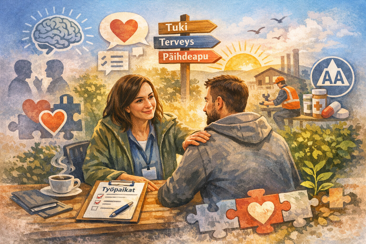 Nainen lohduttaa miestä ulkopöydässä tukiaiheisilla kylteillä, terveysleikepöydällä ja palapelin paloilla. Heidän ympärillään näkyy mielenterveyden, tuen, työn ja toipumisen symboleja auringon noustessa taustalla.