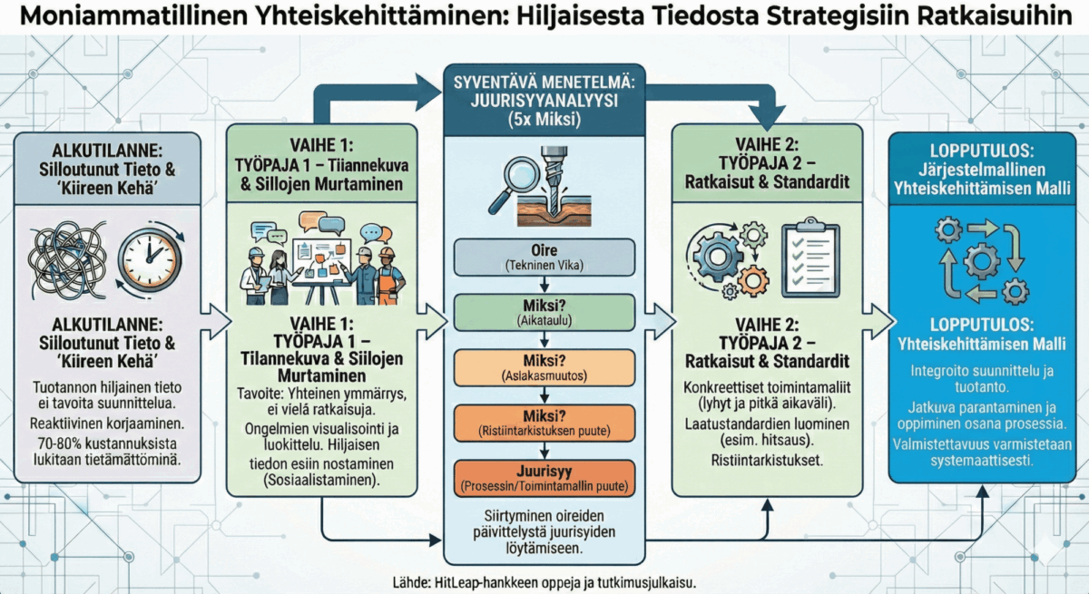 Suomalaisessa infografiikassa hahmotellaan monialaisen yhteistyön monivaiheinen prosessi, joka ulottuu alkutietojen keräämisestä ja perussyiden analysoinnista ratkaisun kehittämiseen ja lopullisen organisaation toimintamallin luomiseen.